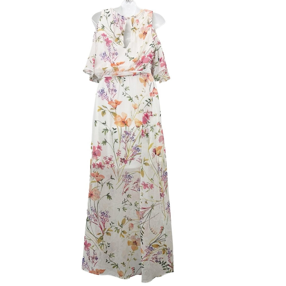 Calvin Klein flutter sleeve cold shoulder white floral chiffon maxi dress 12 - Picture 2 of 10